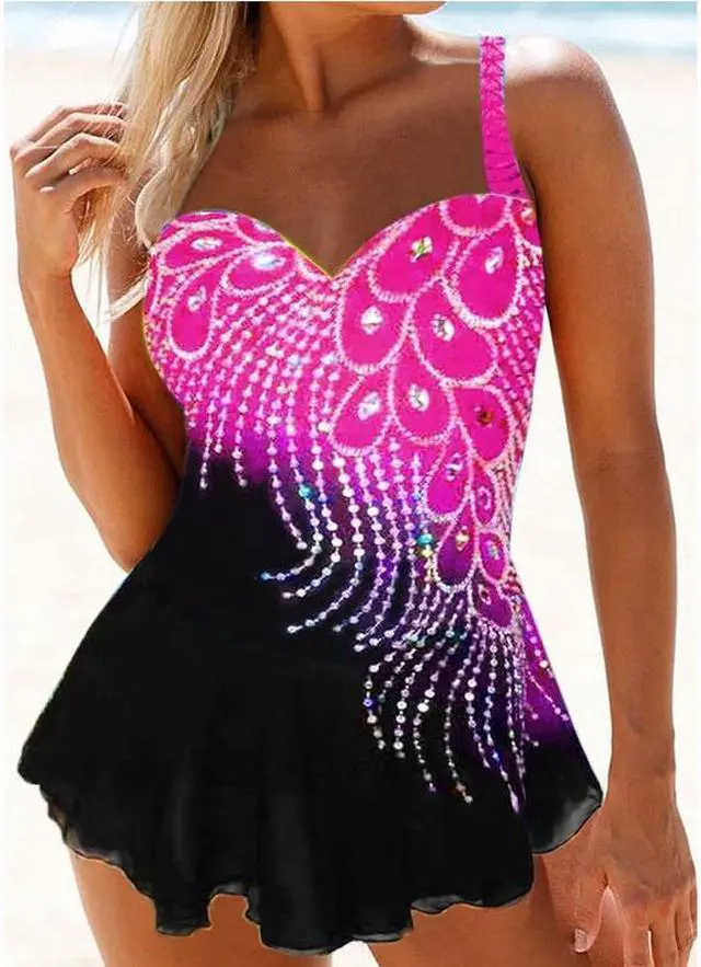 Main image of 2 Piece Swim Dress with padded bra and Black Swim Panties – Pink–setQ