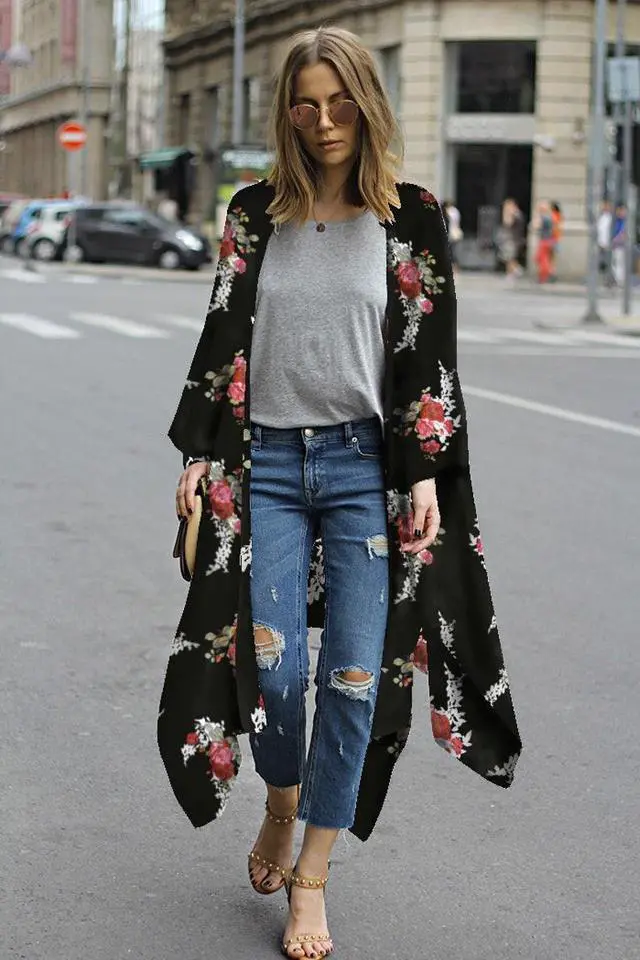 Alt view image 3 of 7 - Women’s Print Sheer Flowy Summer Chiffon Loose Casual Kimono Cardigan Cape Cover Up – LPD8758