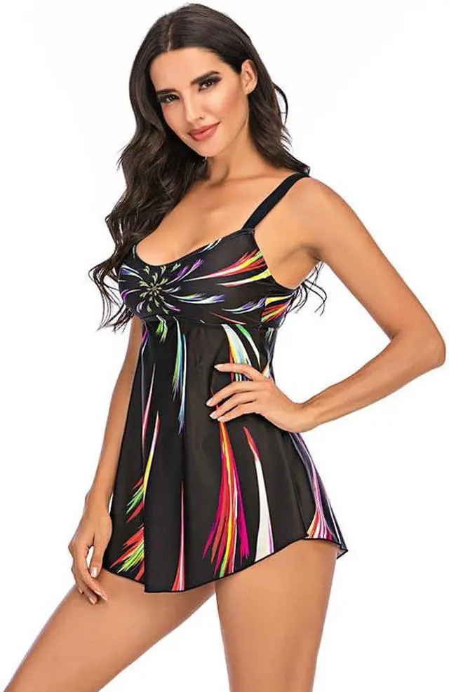 Alt view image 5 of 7 - 2 Piece Bathing Suits For Women, Trendy Stylish Swim Dress with Black Swim Bottoms – setA