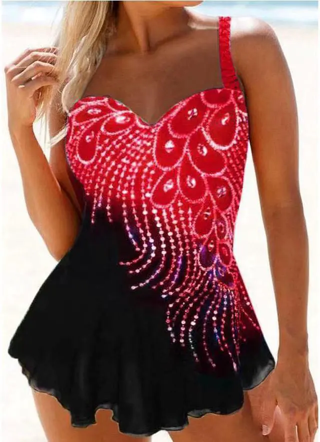 Main image of 2 Piece Swim Dress For Women with Black Swim Panties Underneath – Red–setQ
