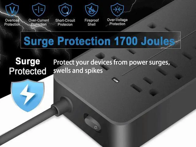 Alt view image 2 of 7 - Power Strip,Lurkwolfer Surge Protector with  8 AC Outlets and 3 USB Charging Ports, 1700 Joules,Overload Protection, for Home, Office, Dorm, Gaming Room