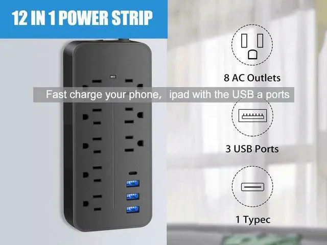 Alt view image 5 of 7 - Power Strip,Lurkwolfer Surge Protector with  8 AC Outlets and 3 USB Charging Ports, 1700 Joules,Overload Protection, for Home, Office, Dorm, Gaming Room