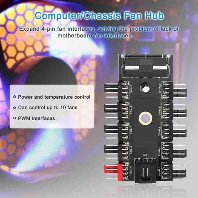 Alt view image 3 of 5 - 10 Port PC Chassis Fan Hub CPU Cooling HUB 12V 4 Pin Fan PWM Hub Molex Controller