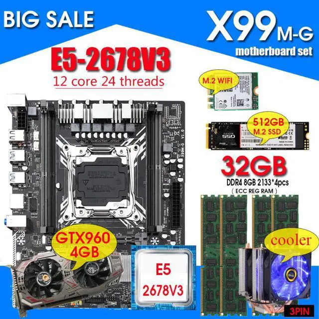 Main image of X99 motherboard combo with Xeon E5 2678 V3 LGA2011-3 CPU 4pcs X 8GB = 32GB DDR4 memory GTX960 4GB GPU NVME 512GB M.2 WIFI card