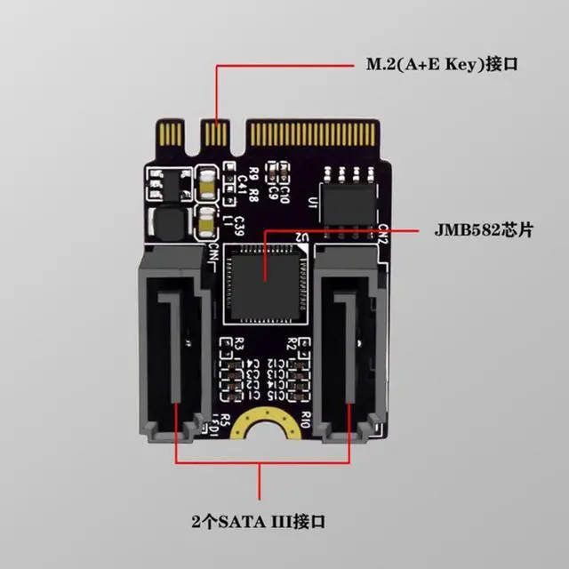 Alt view image 4 of 4 - Riser Card M.2 (A+E Key) to 2-Port SATA3.0 Expansion Card Key A+E Wifi M.2 to SATA Adapter Card Drive JMB582