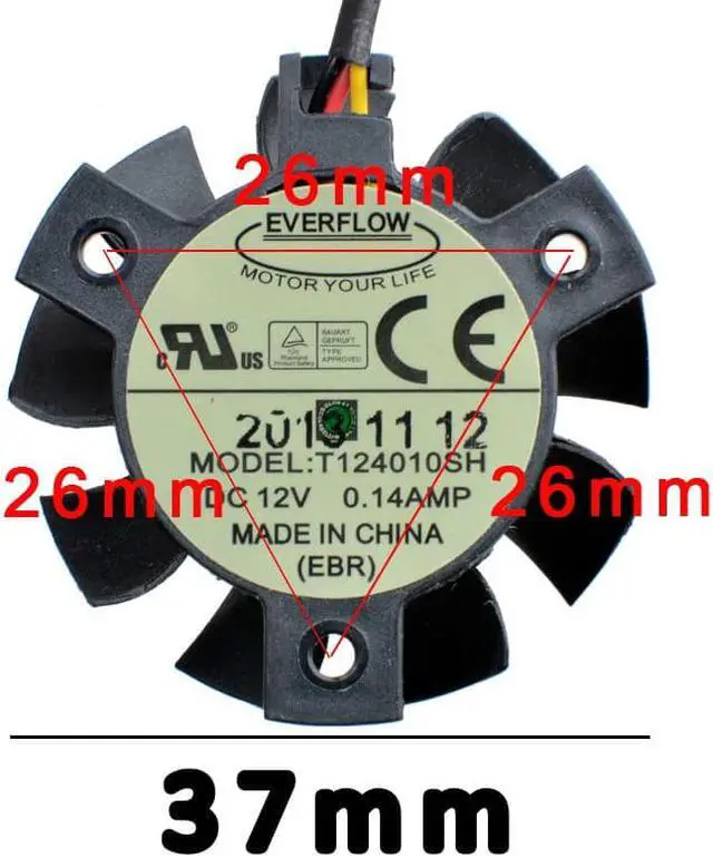 Alt view image 2 of 6 - T124010SH Diameter 37MM hole distance 26MM 3Pin 12V 0.14A cooling fan for Z490 motherboard router industrial computer