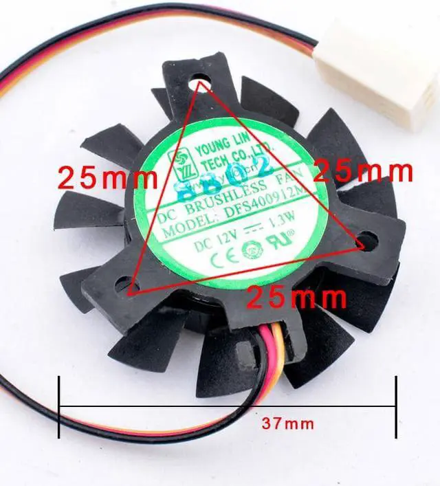 Alt view image 3 of 3 - DFS400912M 12V 1.3W Diameter 37mm hole pitch 25x25x25mm 3 wires 3pin cooling fan for soft router heat sink