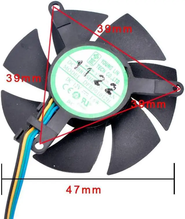 Alt view image 3 of 4 - DFB501012H 47mm diameter, 39mm hole pitch, DC12V 1.6W, 4 lines, cooling fan for soft router cooling aluminum sheet graphics card