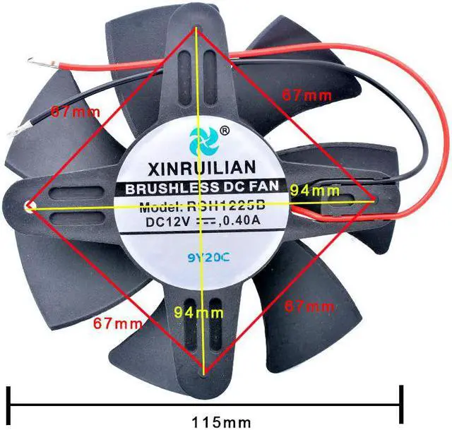 Alt view image 2 of 4 - RSH1225B diameter 115mm hole pitch 94mm 67mm DC12V 0.40A 2 wires, double ball bearing, large air volume cooling fan