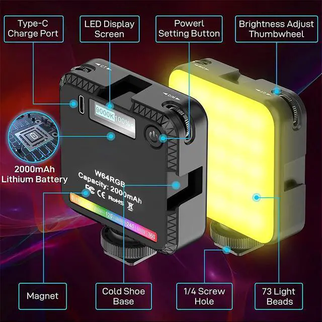 Alt view image 4 of 4 - W64 RGB Photographic Lighting Mini Rgb Led Video Light Atmosphere Lamp Fill Light Lamp Cri95+ 2500K-9000K 20 Lighting