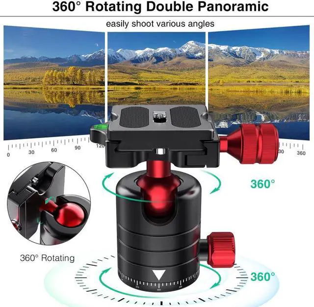 Alt view image 2 of 4 - CAMOLO 360-Degree Rotation Double Panoramic Ballhead Tripod Head with Quick Release Plate with Arca for Tripod Camera Gopro