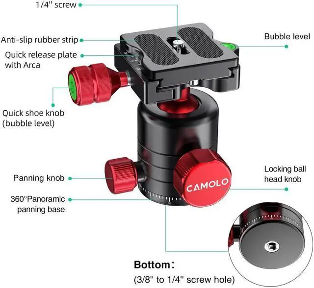 Alt view image 3 of 4 - CAMOLO 360-Degree Rotation Double Panoramic Ballhead Tripod Head with Quick Release Plate with Arca for Tripod Camera Gopro