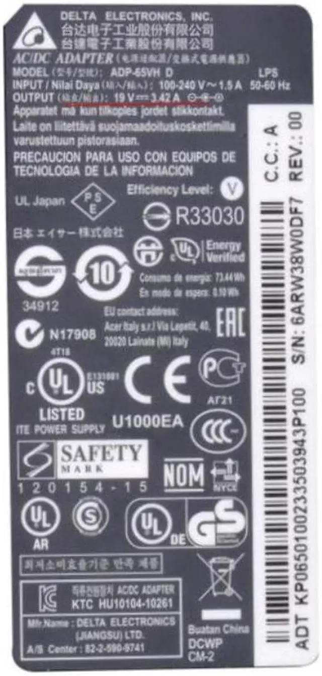 Alt view image 2 of 2 - 19V 3.42A 65W DELTA ADP-65VH D ADP-65VH F ADP-65JH DB Power Supply AC Adapter For ACER S3-951 V5-573 MSI Laptop Charger