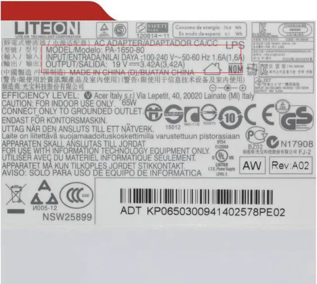 Alt view image 2 of 2 - Liteon PA-1650-80 19V 3.42A 65W AC Adapter For ACER Aspire S3 S5 S7 S7-391 ULTRABOOK W710 Series Laptop Power Charger