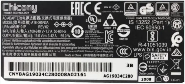 Alt view image 4 of 4 - 19V 3.42A 65W 4.0x1.7mm Chicony A18-065N3A A065R191P AC Adapter For Laptop Charger Power Supply