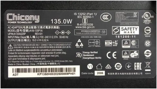 Alt view image 2 of 2 - Chicony A18-135P1A 19.5V 6.92A 135W AC Adapter For ACER NITRO 5 AN515 ASPIRE7 SERIES Laptop Power Supply Charger
