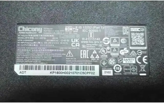 Alt view image 2 of 2 - Chicony A17-180P4A 19.5V 9.23A 180W A180A056P AC Adapter For ACER NITRO AN515-55 PREDATOR Laptop Power Supply Charger