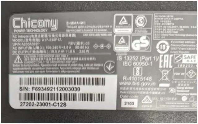Alt view image 2 of 2 - Chicony A17-230P1A 19.5V 11.8A 230W A230A022P AC Adapter For A12-230P1A GIGABYTE AERO 17 15 Aorus 15p KD Laptop Charger