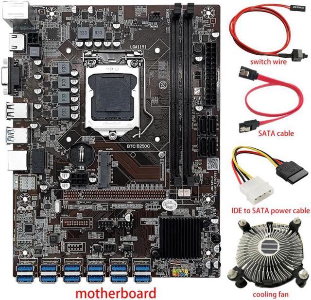 B250C 12 Card BTC Mining Motherboard+Fan+IDE To SATA Power Cable+