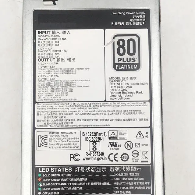 Alt view image 3 of 3 - D2400E-S2 For DELL Switching Power Supply DPS-2400BB B KKP69 0KKP69 2400W 80PLUS PLATINUM EPP 94% Efficiency