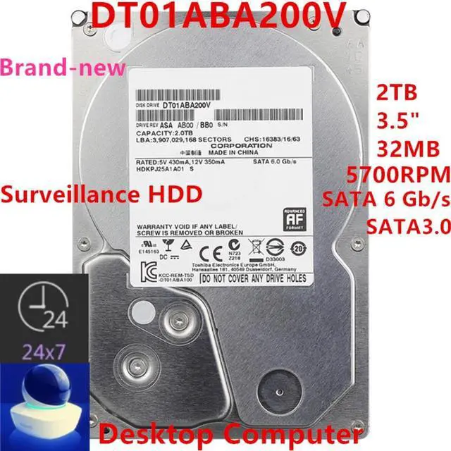 Main image of HDD For Toshiba 2TB 3.5" SATA 6 Gb/s 32MB 7200RPM For Internal HDD For DVR NVR Surveillance HDD For DT01ABA200V