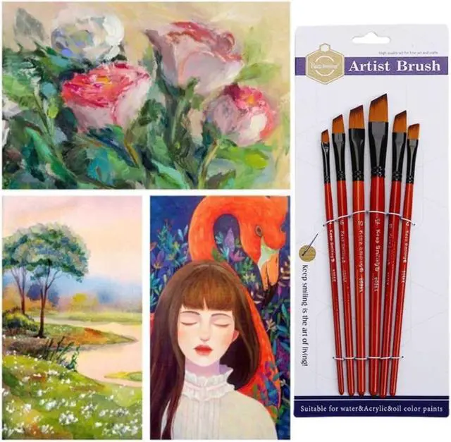 Alt view image 2 of 4 - 6x Acrylic Paint Brush Set Angled Nylon Hair Brushes for Multi Purpose Oil Watercolor Painting Artist Professional Kits