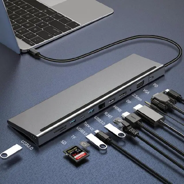 Main image of USB Hub 12 in 1 USB3.1 Type C Splitter Docking Station Rj45  HDD VGA PD  TF Slots 5Gbps Fast Charging