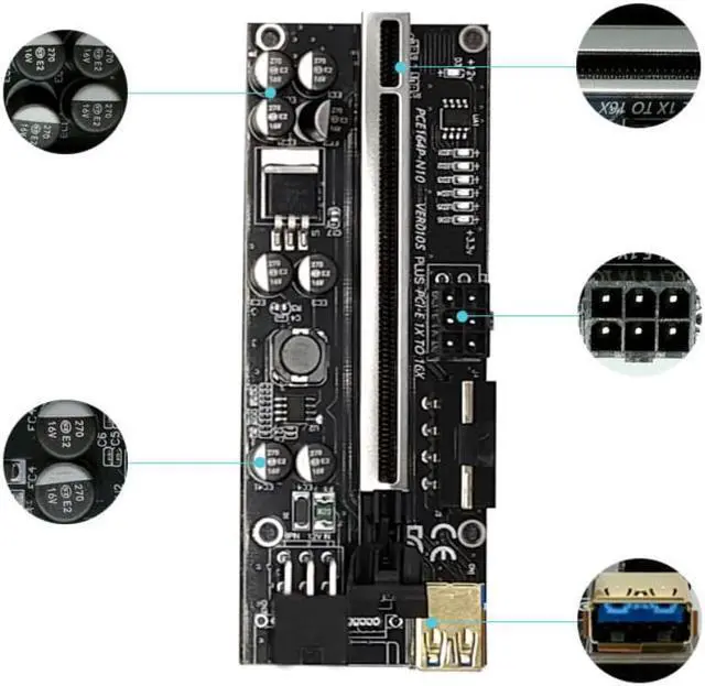 Alt view image 3 of 7 - PCI-E 1X to 16X Riser Card,GPU Riser Adapter Card,with 0.6 m USB 3.0 Extension Cable,6PIN / 4PIN / SATA Interface for Bitcoin