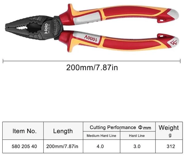 Main image of Felo Safety Tool 1000V VDE Insulated Combination Pliers for Wire and Cables Ergonomically refined design 580 016 40 | 580 018 40