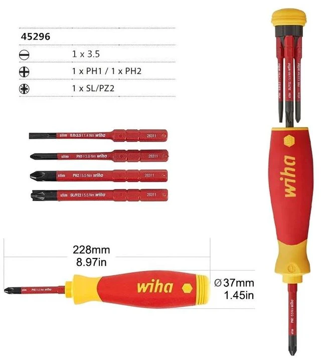 Main image of Wiha 4 In 1 Multifunctional Insulated Screwdriver with Bit Magazine PocketMax Electric for Phillips Slotted Pozidriv Screw 45296