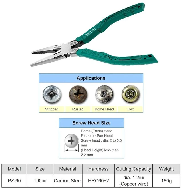 Main image of PZ-60 Screw Removal Pliers with Wire Cutter 193mm Long Nose Pliers with Screw Extracting Serrated Jaws