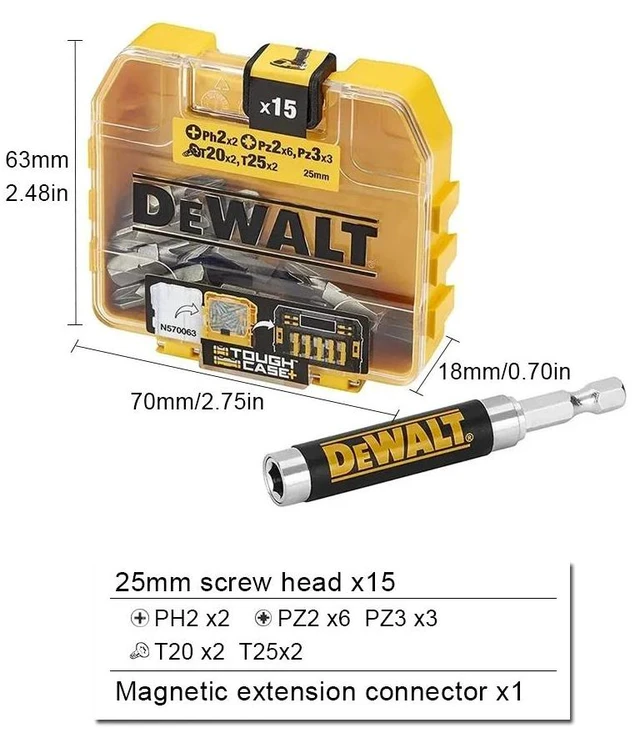 Main image of 16Pcs Screwdriver Drill Bits and Telescopic Magnet Holder Inserts Ph2 x PZ2, PZ3 x 6, 2 x 3, T20 x 2, T25 x 2, DT71511-QZ