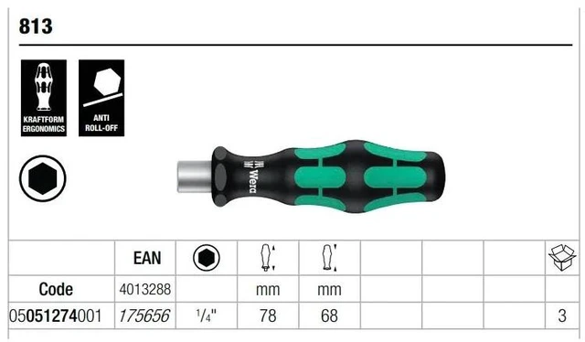 Main image of Wera 813 Bits Hand Holder with Quick-Release Chuck Handle Anti Rolling Mini Bitholder Screwdriver Hand Tool 05051274001