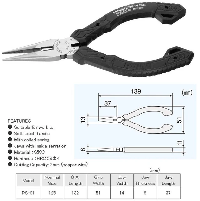 Main image of PS-01G Compact Precision Compact Long Nose Pliers with Wire Cutter Miniature Needle Nose Pliers ESD Safe with Carbon St