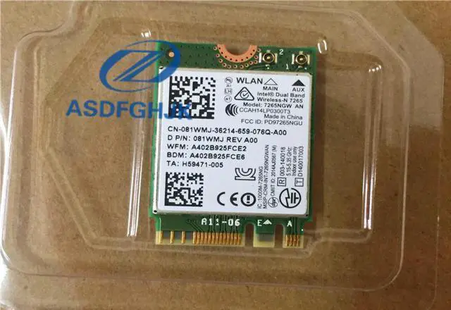 Main image of Wireless WLAN Card 7265NGW AN for DeLL Intel Dual Band 802.11AN 300m 2x2 Wifi+BT4.0 NGFF/M.2 81WMJ 081WMJ 100% Test ok