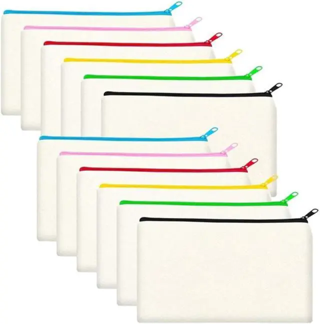 Main image of 12 Pack Blank Canvas Makeup Bag,Bulk Cosmetic Bags with Multi-Color Zipper,Canvas Zipper Pencil Case Pouch,DIY Craft