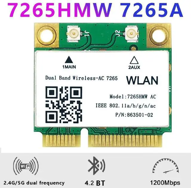 Alt view image 2 of 4 - WiFi Card 7265AC 7265HMW 8DB Antenna Mini PCI-E 1200Mbps Bluetooth 4.2 Dual Band 2.4G 5G for Win7 Win 8 Win 10