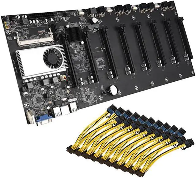 Main image of BTC Mining Motherboard Set with CPU Fan 8XPCIE 16X Graphics Card Slot+10 Power Cords Memory Adapter VGA Motherboard