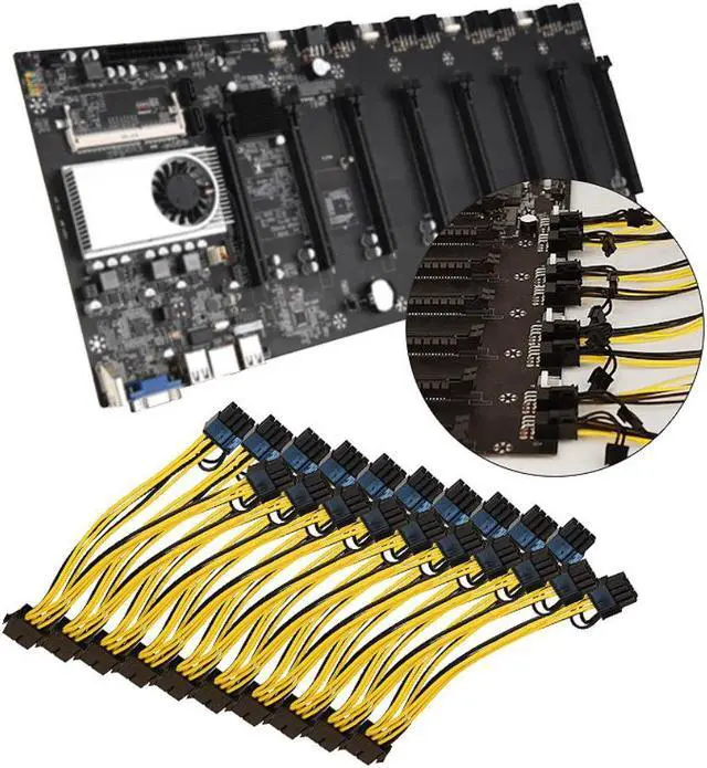 Alt view image 2 of 4 - BTC Mining Motherboard Set with CPU Fan 8XPCIE 16X Graphics Card Slot+10 Power Cords Memory Adapter VGA Motherboard