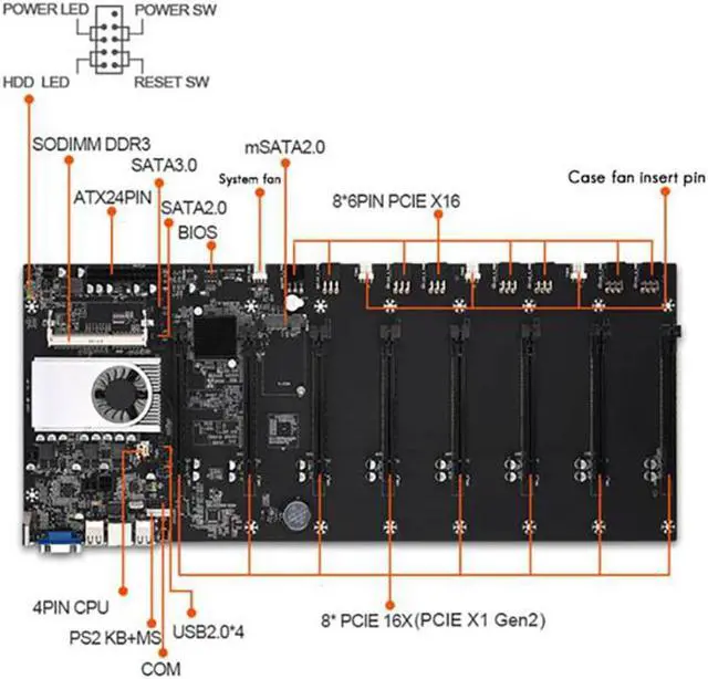 Alt view image 3 of 4 - BTC Mining Motherboard Set with CPU Fan 8XPCIE 16X Graphics Card Slot+10 Power Cords Memory Adapter VGA Motherboard