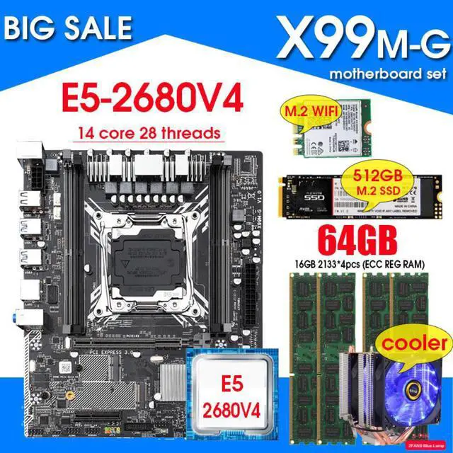Main image of X99 motherboard combo with Xeon E5 2680 V4 LGA2011-3 CPU 4pcs X 16GB = 64GB DDR4 memory NVME 512GB M.2 WIFI card