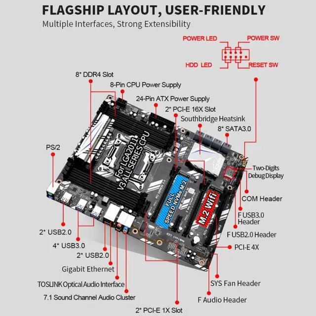 Alt view image 2 of 3 - X99 D8 motherboard  with Xeon E5 2678 V3 LGA2011-3 CPU 2pcs X 8GB = 16GB DDR4 RAM GTX960 4GB GPU NVME 256GB M.2 WIFI card Cooler