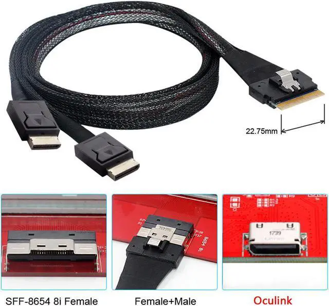 Alt view image 4 of 5 - PCI-Express SFF-8654 8i 74Pin to Dual Oculink SFF-8611 PCI-E Ultraport Slimline SAS Slim 4.0 Cable 50cm