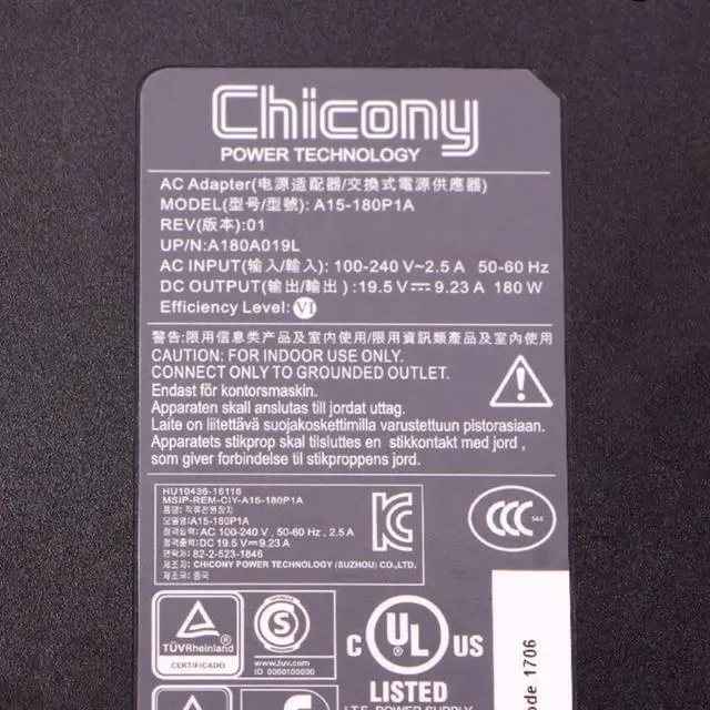 Alt view image 2 of 2 - Chicony 180W Charger 19.5V 9.23A A15-180P1A For CLEVO P950HR P650RG MSI WS60 GE70 GE62 6QF A180A005L Laptop AC Adapter