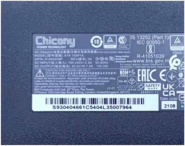 Alt view image 4 of 4 - Chicony A18-150P1A 20V 7.5A 150W 4.5x3.0mm A150A039P Power Supply AC Adapter For MSI GF76 Laptop Charger