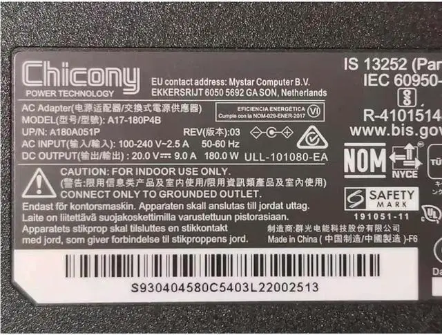 Alt view image 2 of 2 - 20V 9A 180W CHICONY A17-180P4B A180A051P AC Adapter For MSI GF65 THIN 10UE WS66 WS75 Gaming Laptop Power Supply Charger