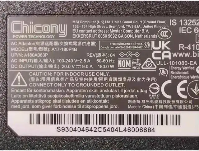 Alt view image 2 of 2 - Chicony 20V 9A 180W A17-180P4B A180A063P Power Supply AC Adapter For MSI GF66 GF75 CREATOR Z16 A11UET Laptop Charger