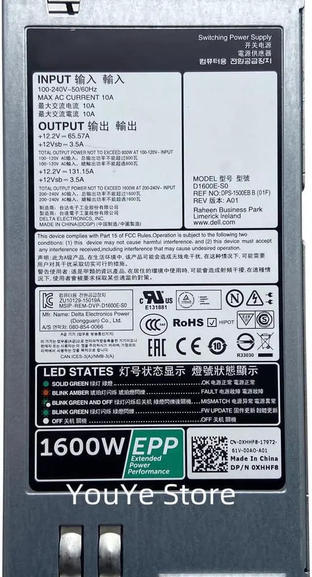 Alt view image 2 of 3 - For DELL R740 R640 T640 T440 R630 R730 R730XD Server Power Supply D1600E-S0 95HR5 095HR5 D5W1N 0D5W1N XHHF8 T4GCW