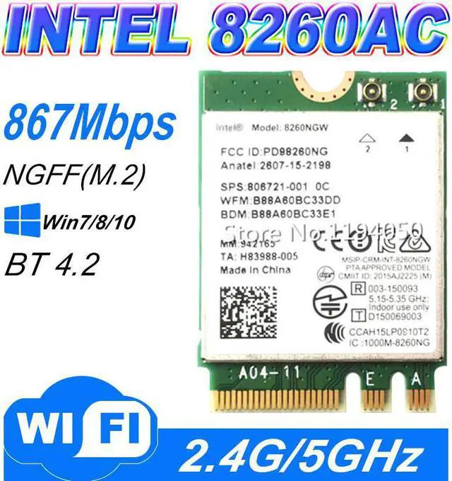 Main image of Dual Band For Intel Wireless-AC8260 8260NGW 8260 NGFF 2x2  802.11ac 867Mbps Wi-Fi + Bluetooth 4.2 Wlan Card Windows 7 8 10