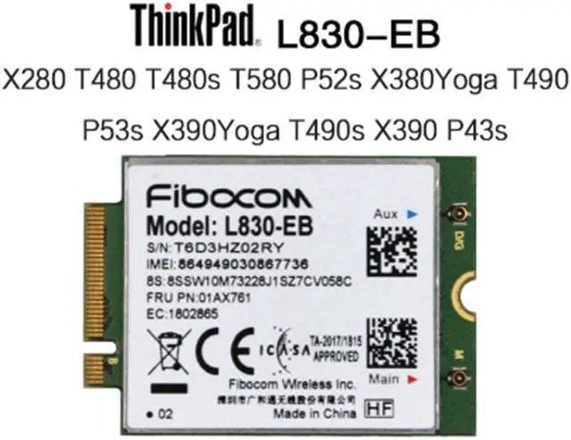 Alt view image 2 of 3 - 01AX761 Fibocom L830-EB WWAN Card for Lenovo Thinkpad X280 T480 T490 T490s T590 P53s X390 L490 L590 P43s T480s X390 Yoga